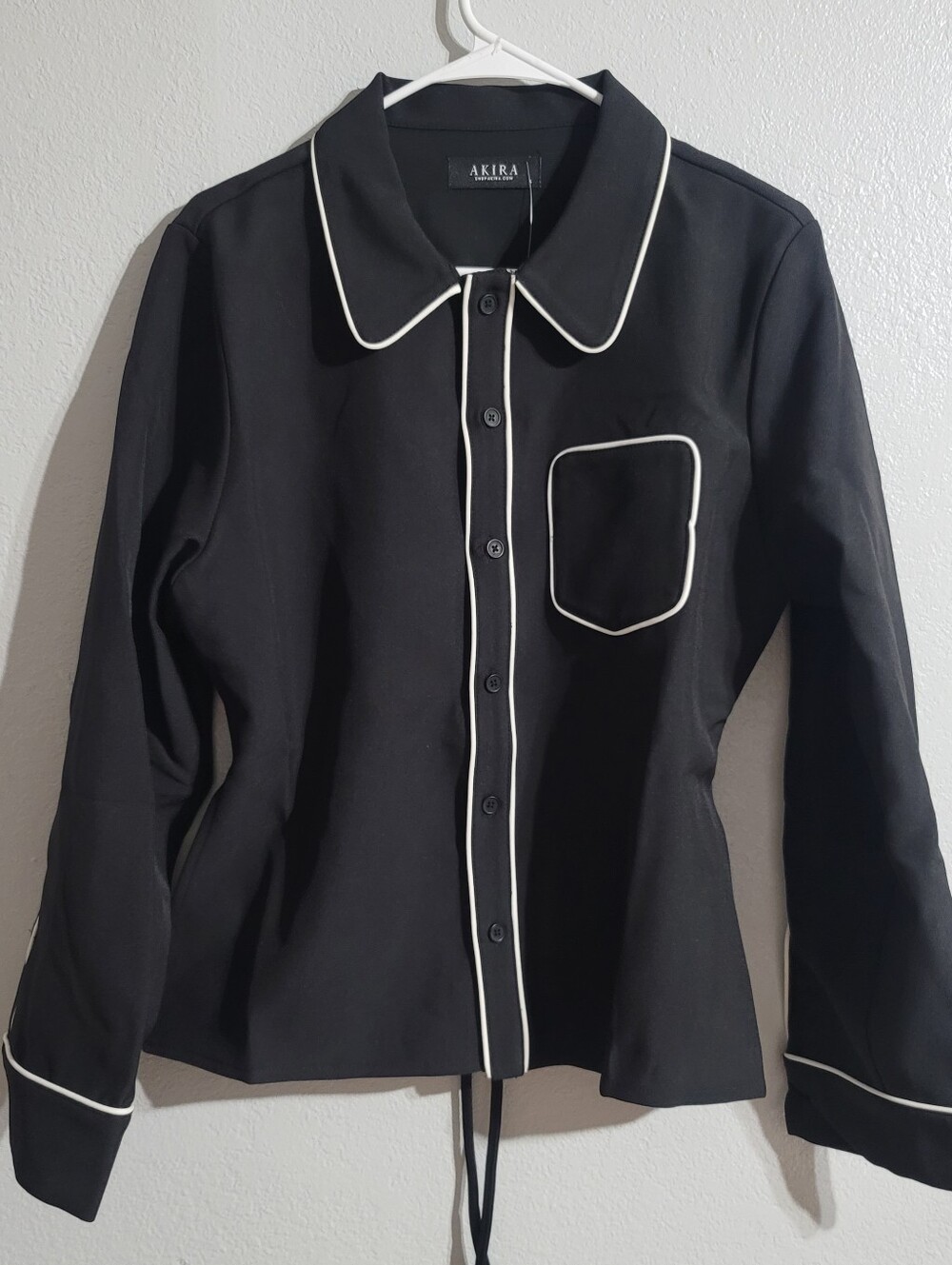 AKIRA Black Button-Front Jacket with White Piping Trim